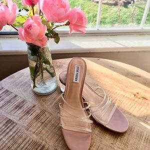 Steve Madden clear and pink, with chunky heel and clear straps.